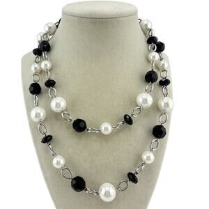 Lia Sophia Faux Pearl Black Bead Silver Tone Extra Long Station 40” Necklace